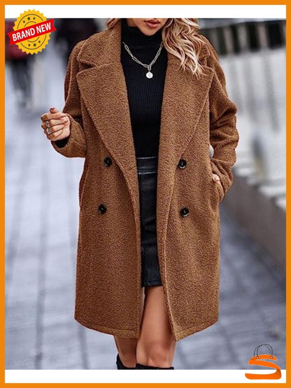 Women Faux Fur Sherpa Coat Notched Lapel Double Breasted Winter Jacket - Picture 4 of 6